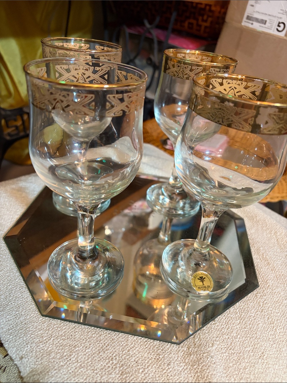 Set of 4 Vintage Vetreria Etrusca Handmade Italian Cocktail Glasses GOLD TRIM